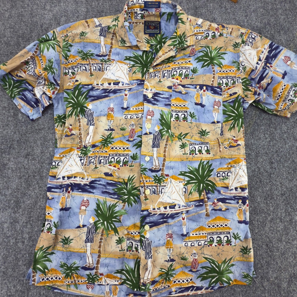 Vintage Chaps Ralph Lauren Tropical Beach Scene Button Up Blue Size M